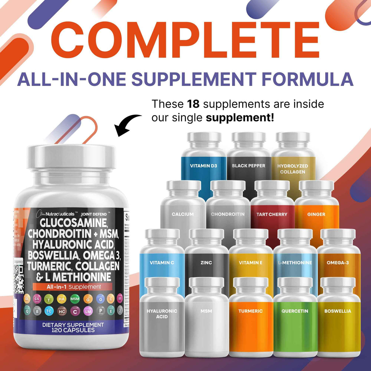 Clean Nutraceuticals Glucosamine 1500mg Chondroitin 1200mg MSM with Turmeric Curcumin, Collagen, Hyaluronic Acid, Omega 3 - Joint Health Supplement for Men & Women - Joint Complex - 120 Count