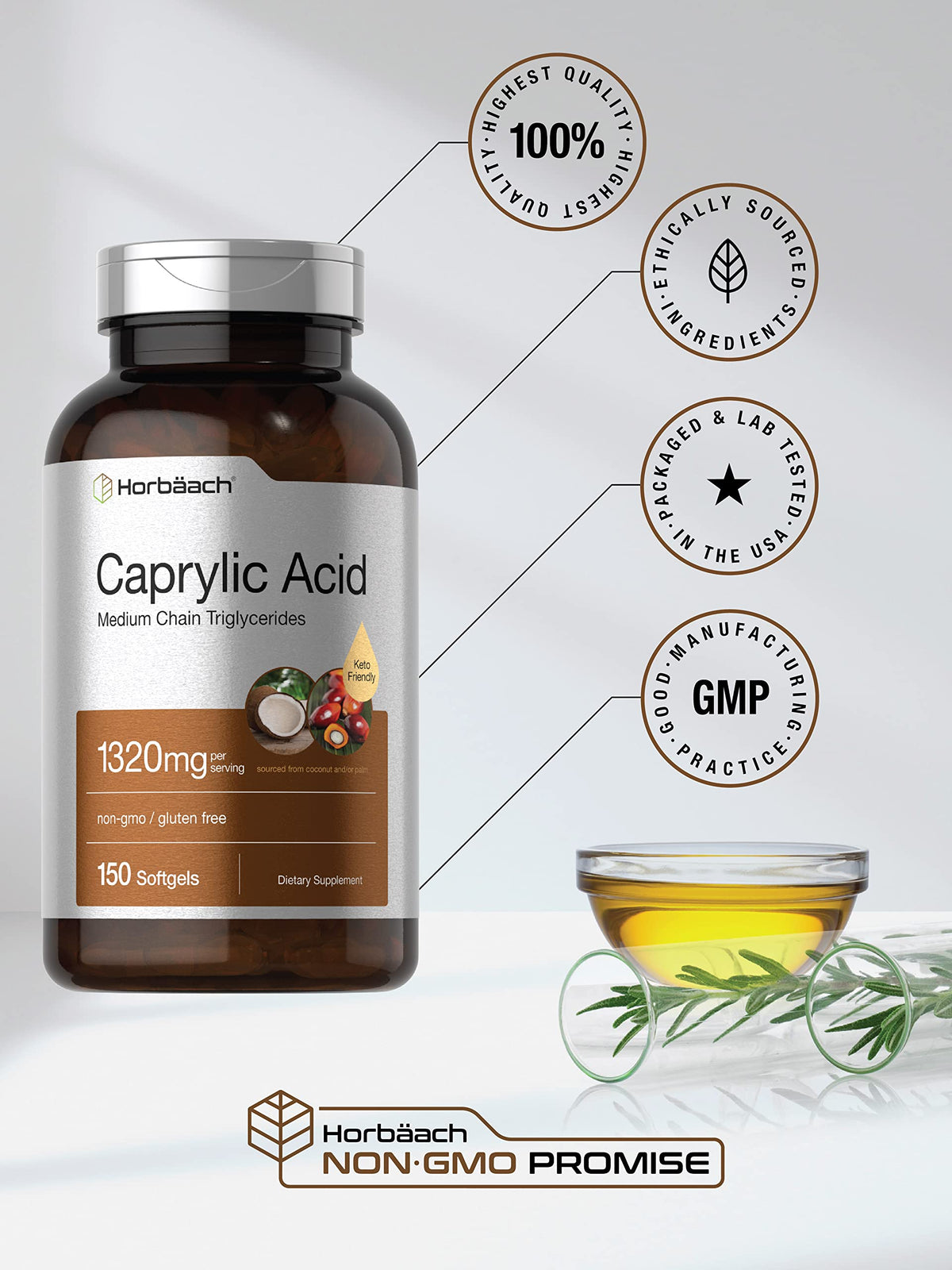 Horbaach Caprylic Acid Supplement 1320mg | 150 Softgel Capsules