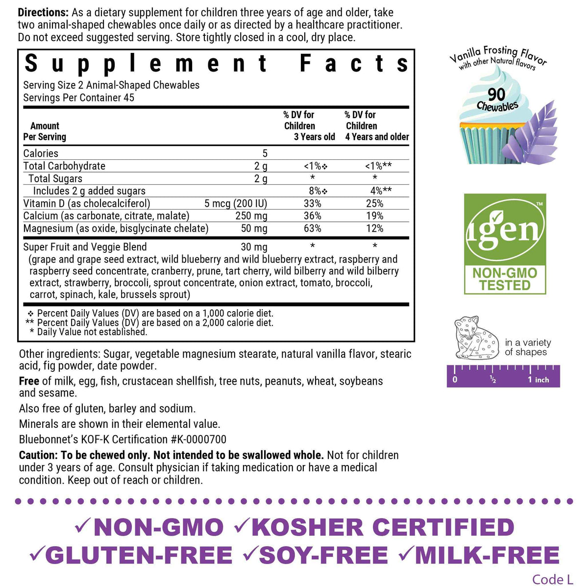 BlueBonnet Super Earth Rainforest Animalz Calcium Magnesium And Vitamin D3 Chews, Natural Vanilla Frosting, White, 90 Count