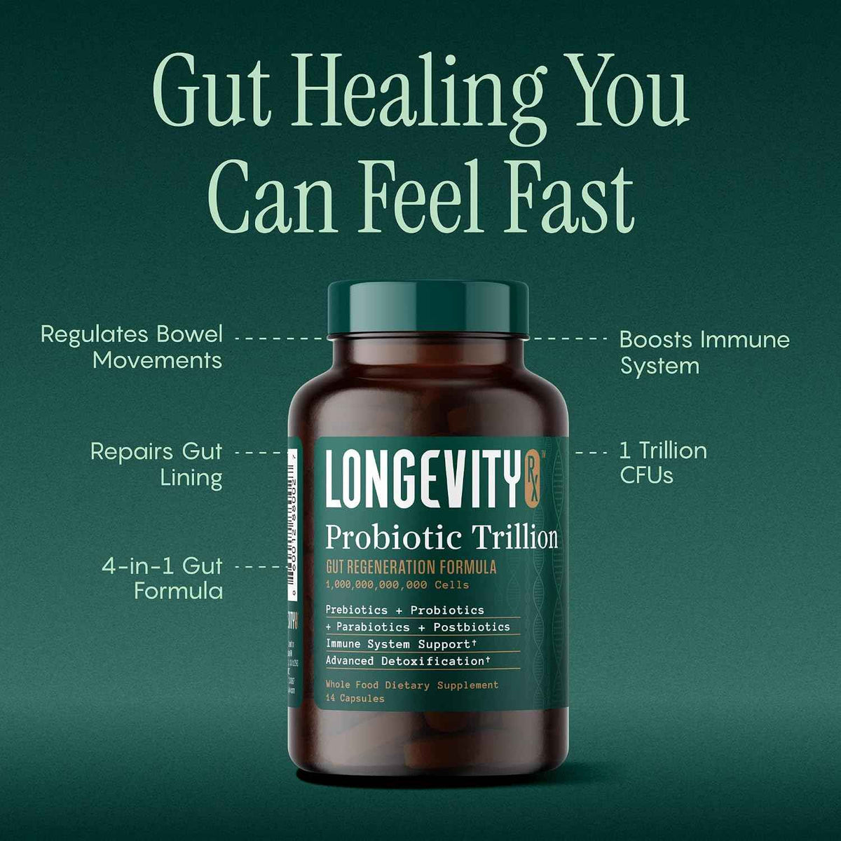 Probiotic Trillion - 1 Trillion CFU with Prebiotics, Probiotics, Parabiotics & Postbiotics - Bacillus Subtilis AB-22 - Gut Health, Immune Support, Glyphosate Detox - 30 Day Supply