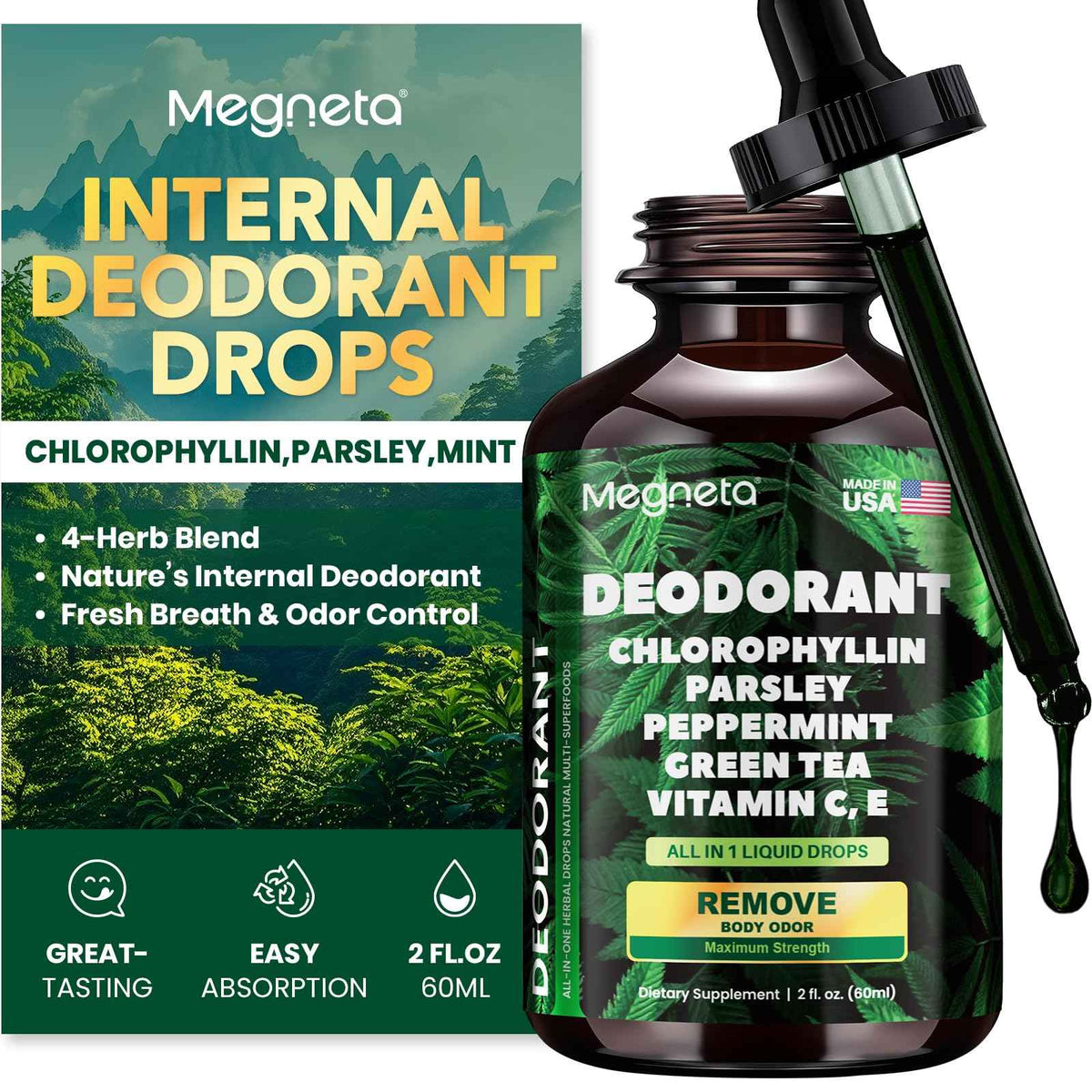 Chlorophyll Liquid Drops – Body Deodorizing Supplement for Women & Men – Detox, Energy & Skin Health Support– Vegan, Non-GMO, 2 Fl Oz