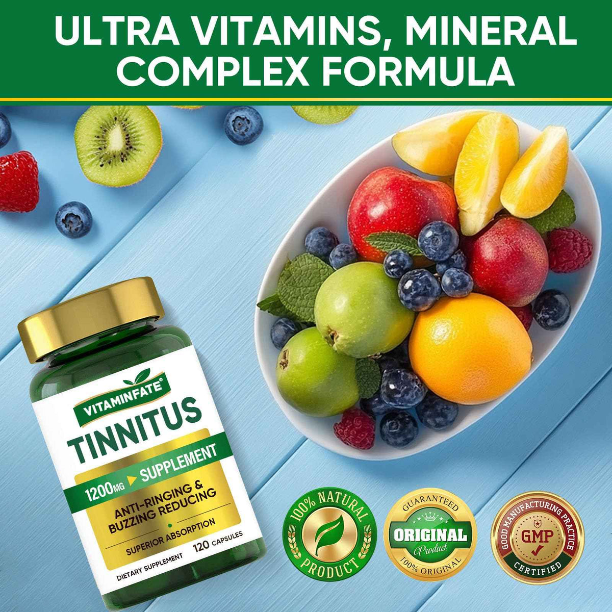 Tinnitus Relief for Ringing Ears 1200mg - 120 Capsules Advanced Ear Health Support Supplement - Supports Ear Health and Reduces Tinnitus Symptoms - Non-GMO & Vegan