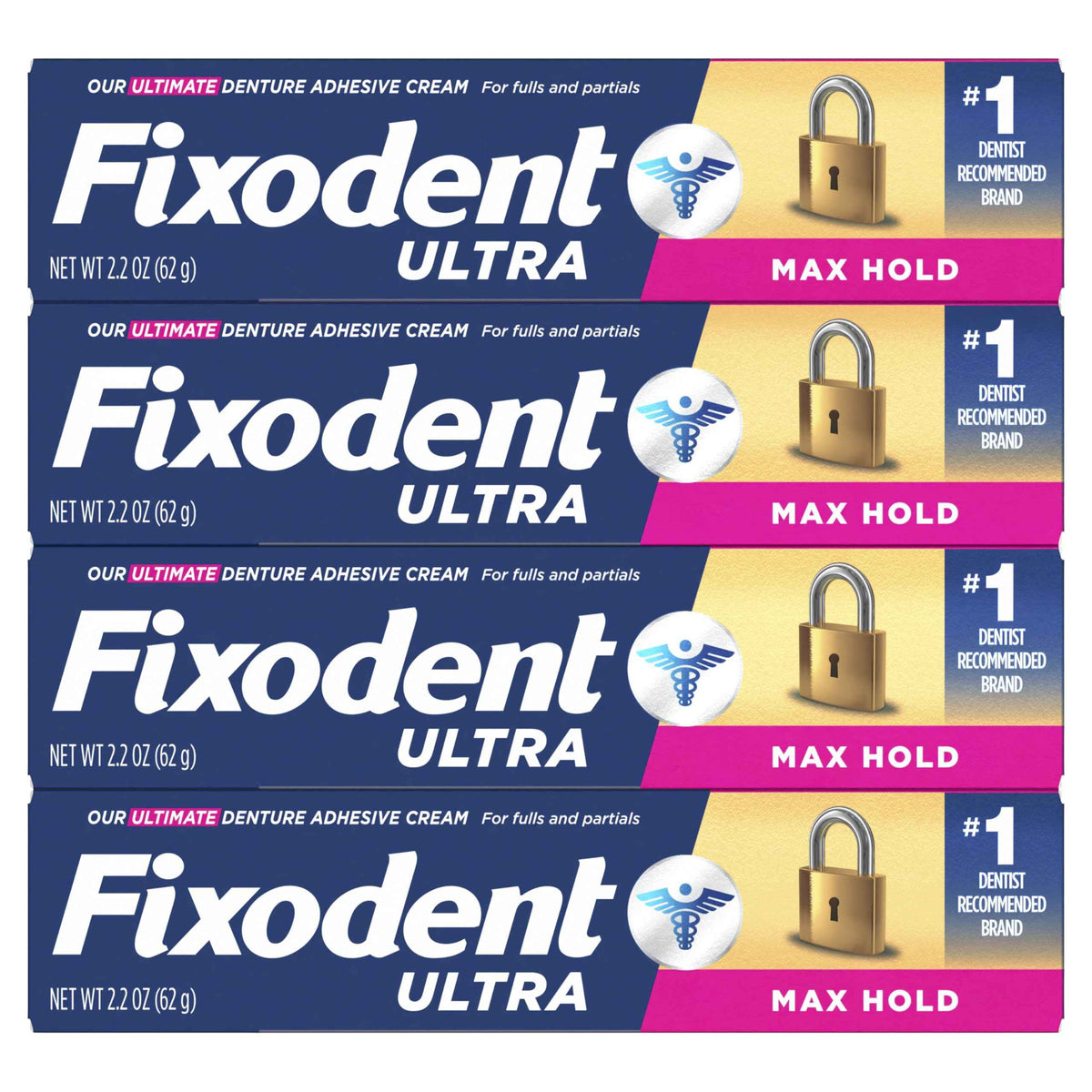 Fixodent Ultra Max Hold Denture Adhesive Cream, 2.2 oz (4-Pack) – Strong False Teeth Glue and Secure Dental Adhesive for Full