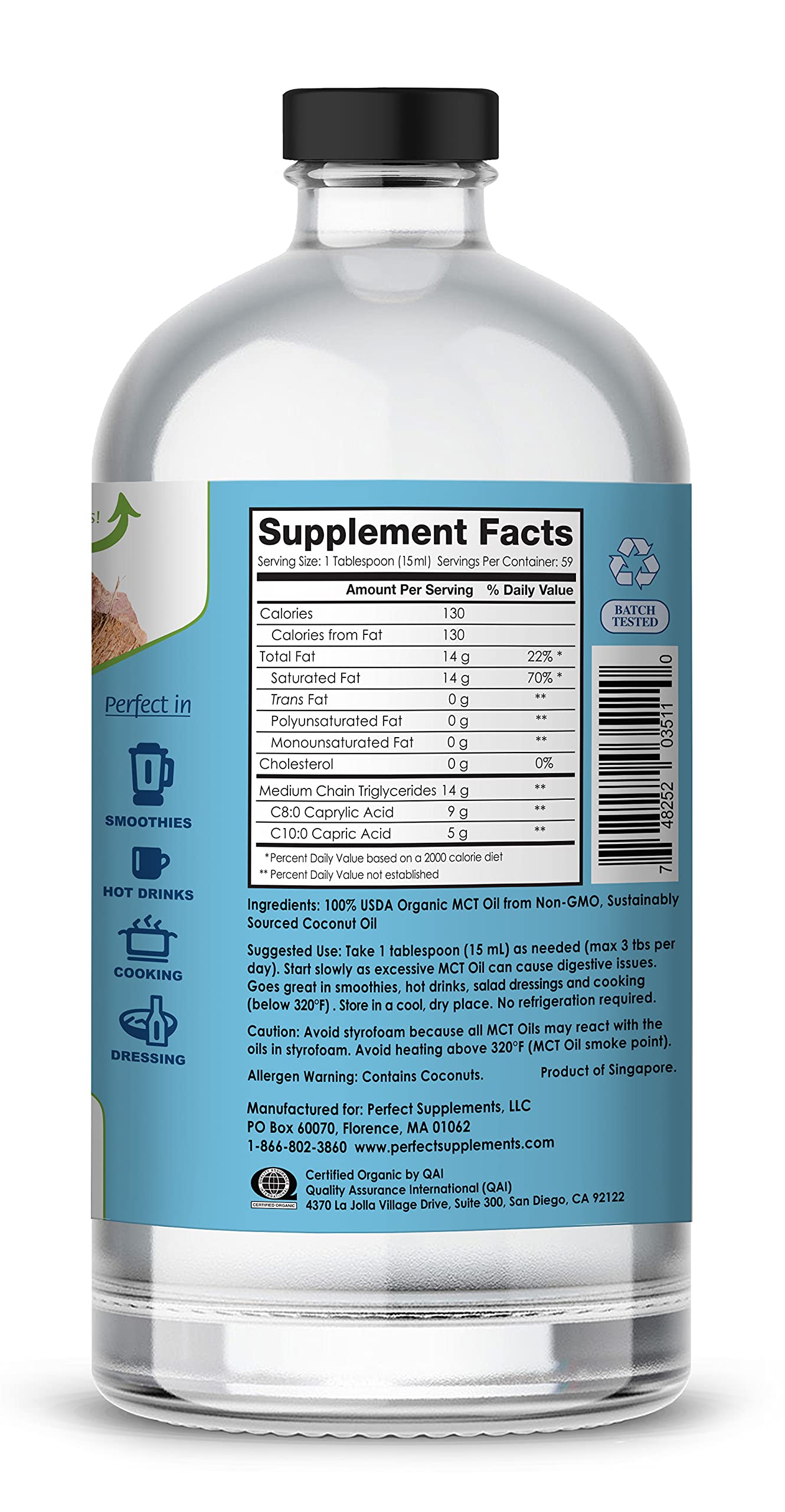 Perfect Supplements – Perfect MCT Oil – 30oz – Organic Coconut MCTs Unflavored Oil – Boosts Sustainable Energy for Body & Brain