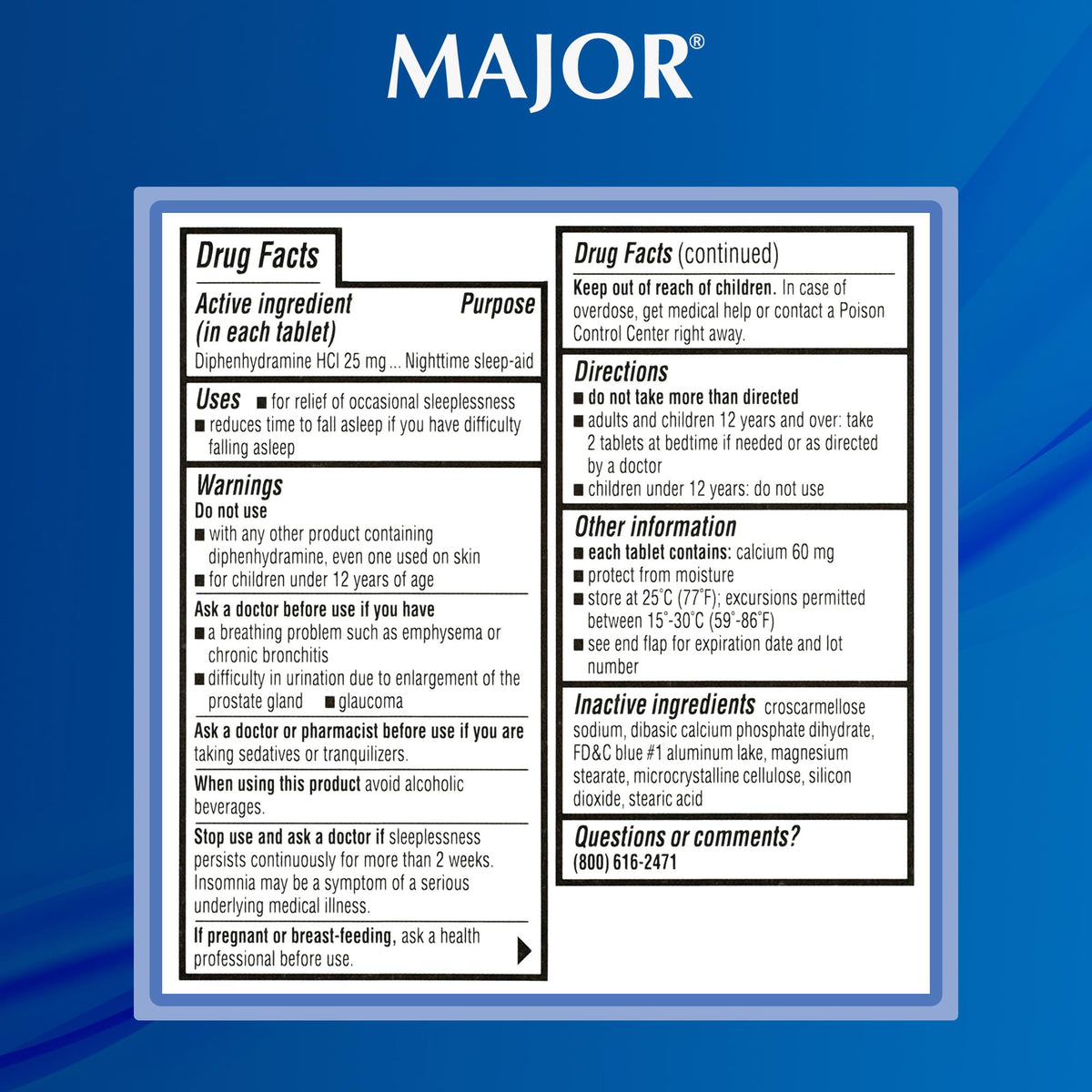 MAJOR Sleep Aid Tabs, Diphenhydramine HCl 25 mg, 50 Count (6-Pack)