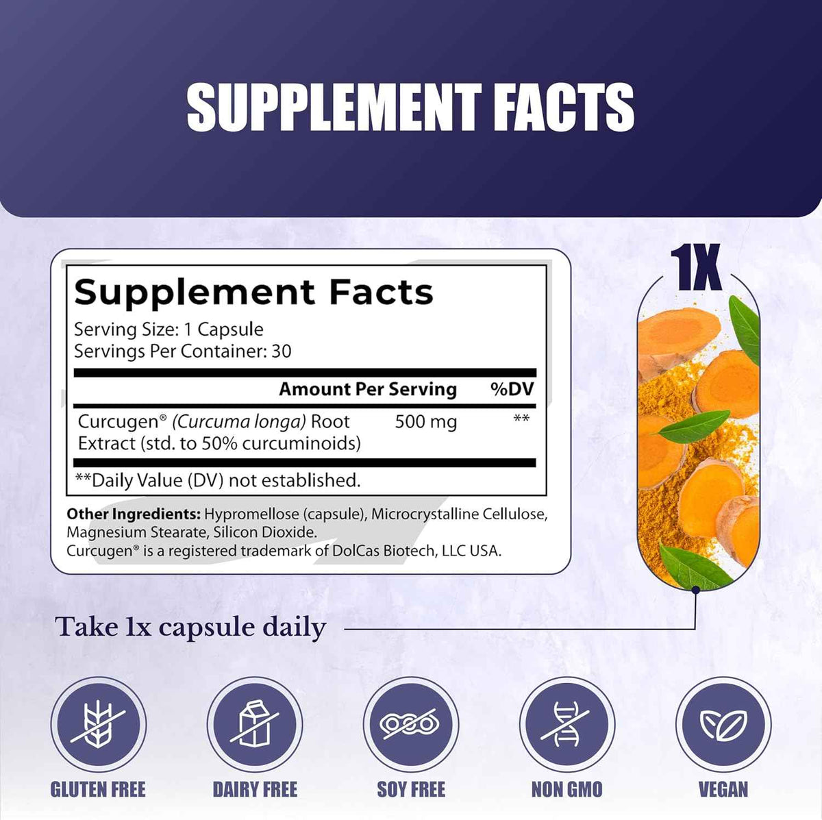 Curcumin Extract Supplement for Joint & Immune Support - Curcumin Extract 500mg, 39x More Bioavailable, Full Spectrum Curcugen, 30 Days Supply, 30 Capsules