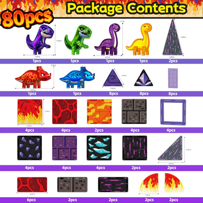 GobiDex 80PCS Dinosaur Toys Magnetic Tiles with 6 Dinosaurs - Jurassic Scenes Dinosaur World Adventure Set, Magnetic Blocks for Kids Ages 3-5 4-8, STEM Building Toys for 3+ Year Old Boy Birthday Gifts