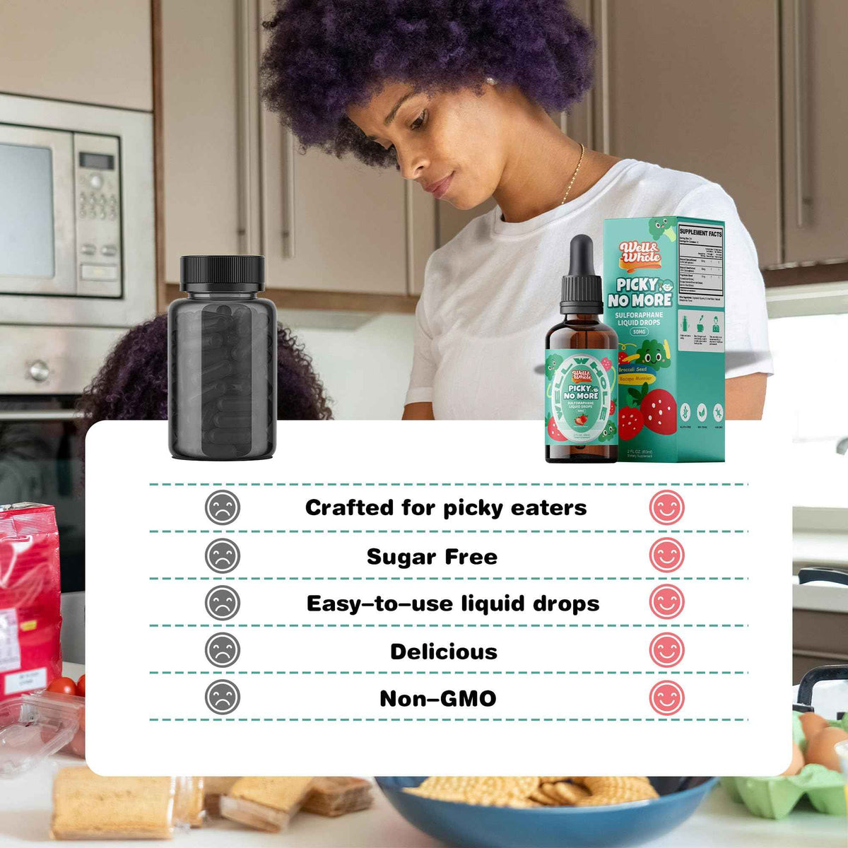 Well&Whole Sulforaphane Kids Liquid Supplement - Pick No More Broccoli Sprout Extract Drops, Hidden Greens for Picky Eaters, Daily Nutrition Support, Sugar-Free, Vegan, 60mL