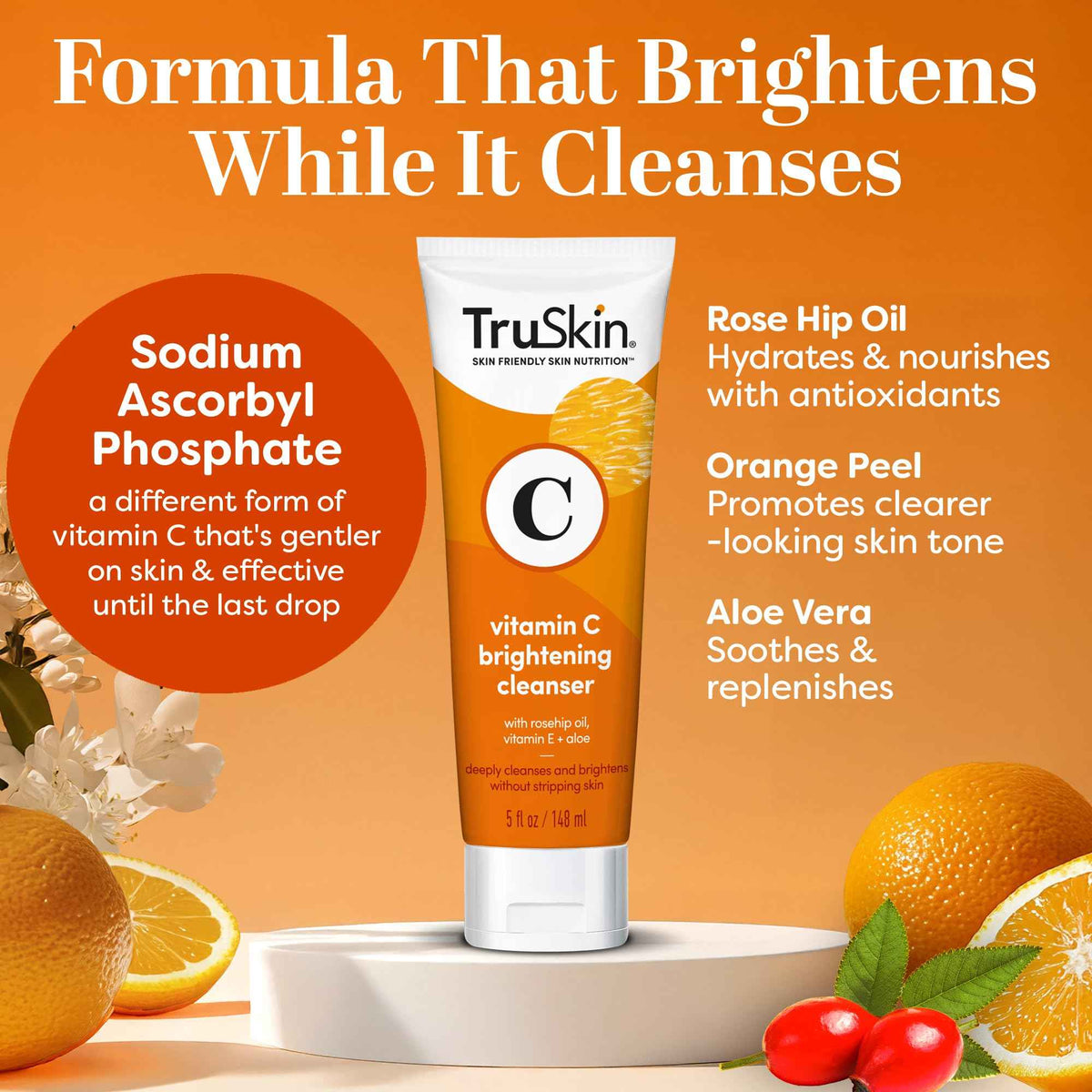 TruSkin Vitamin C Brightening Face Wash with Rosehip Oil, 4 fl oz - Vitamins C & E, Aloe Vera and MSM gently cleanse, refresh and support radiant-looking skin without over-drying