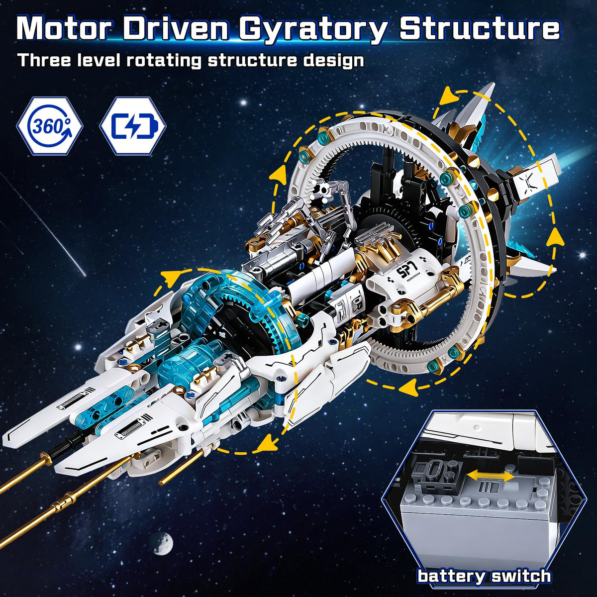 Spaceship Building Set for kids, Space Building Blocks with Light & Motor