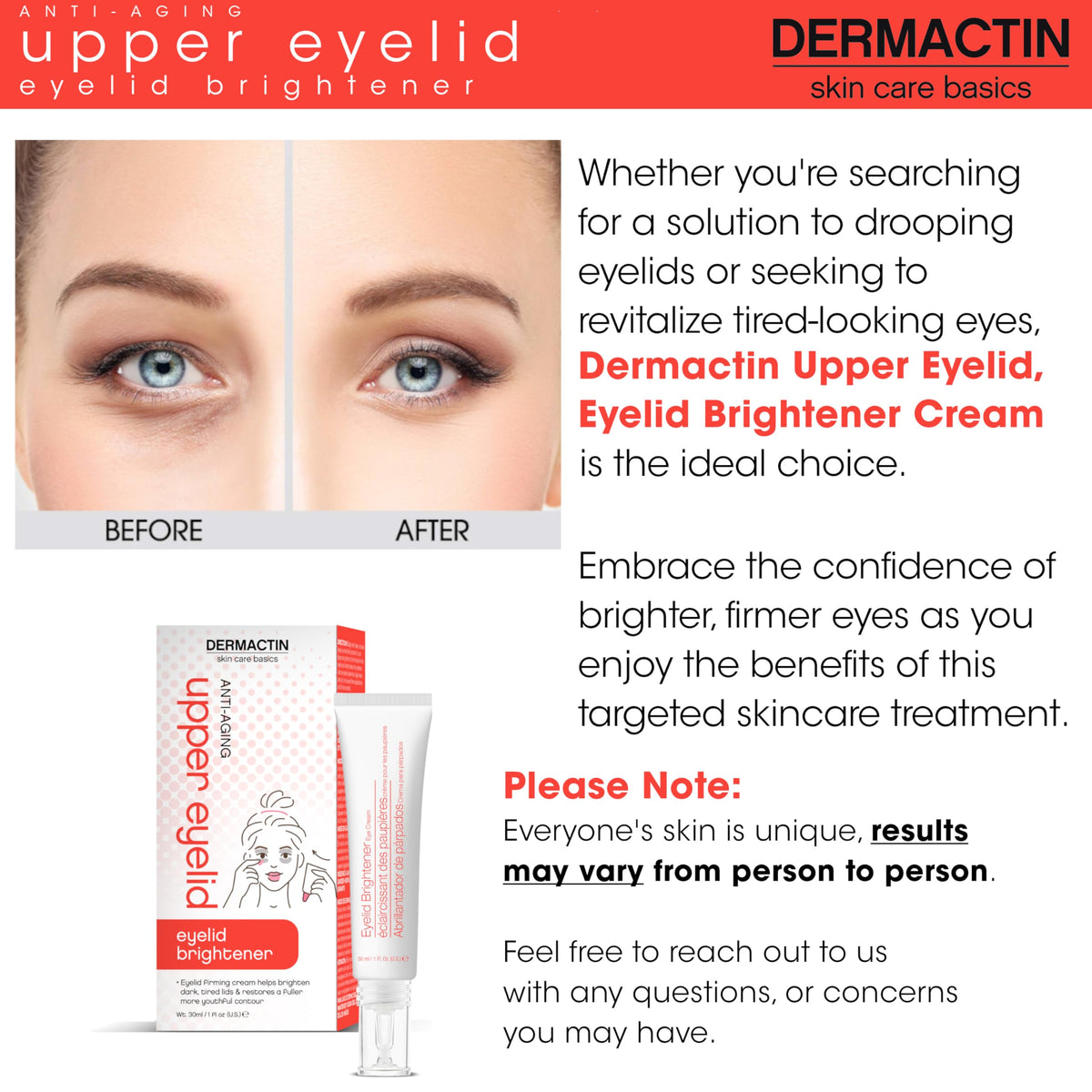 Dermactin Upper Eyelid Cream 1 oz – Firming & Toning Treatment for Sagging and Drooping Eyelids – Anti-Aging Eye Lift Cream for Sensitive Skin