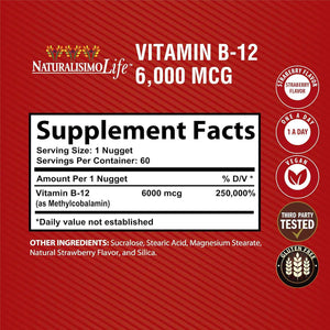 NaturalisimoLife Vitamin B12 6,000 mcg - Quick Dissolve Strawberry Flavor Nuggets - 60 Nuggets, Non-GMO, Vegan, Gluten Free