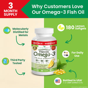 Triple Strength Omega 3 Fish Oil Supplements 2400mg | 180 Capsules, Burpless High Potency Lemon Flavor, High EPA DHA for Men & Women Ultra Pure Softgels | Joint Support, Eyes, Heart Brain Health Pills NATURE'S BRANCHBuy Supplements Australia