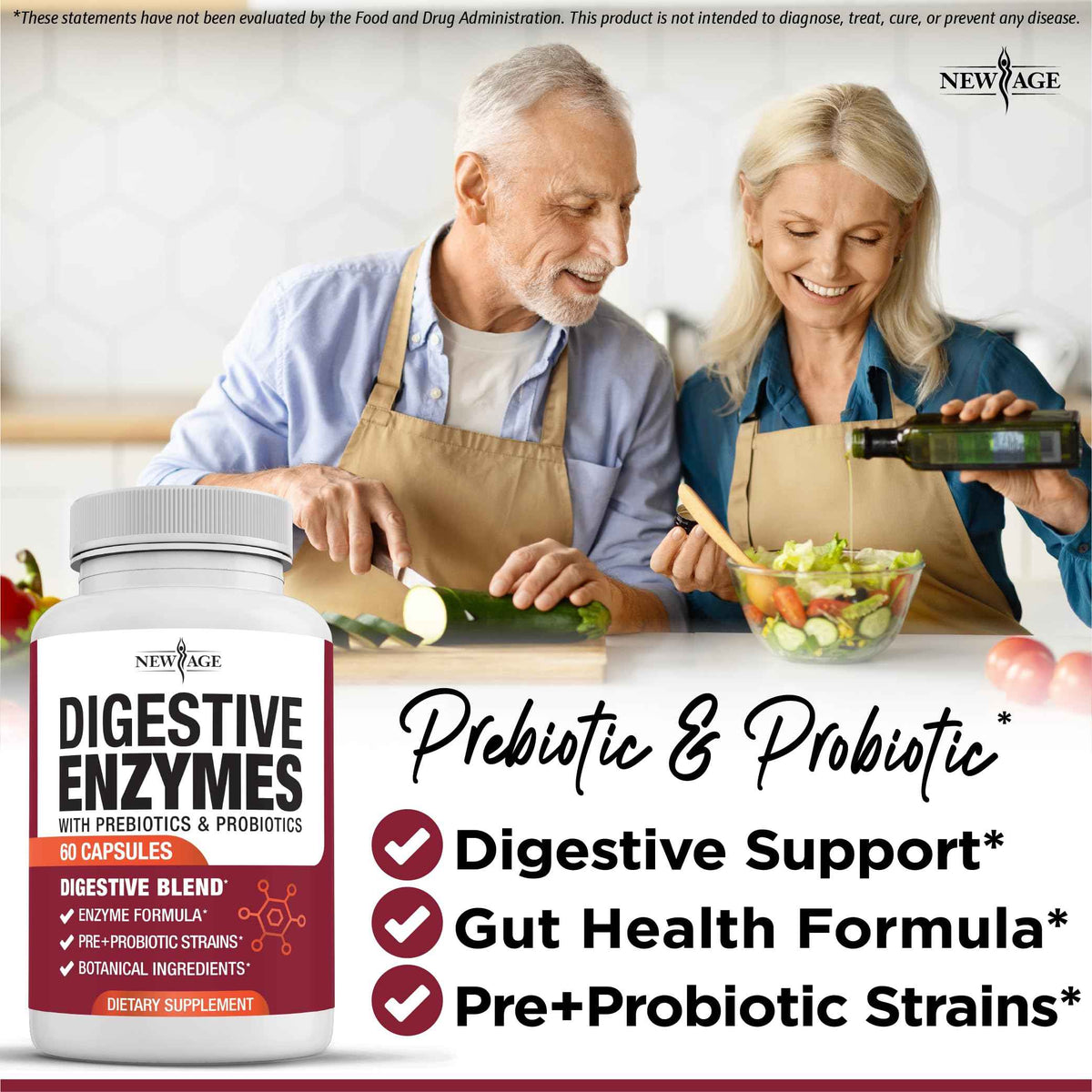 NEW AGE Digestive Enzymes for Gut Health - Probiotic Multi Enzymes with Prebiotics and Probiotics with Lipase for Women and Men for Digestive Health