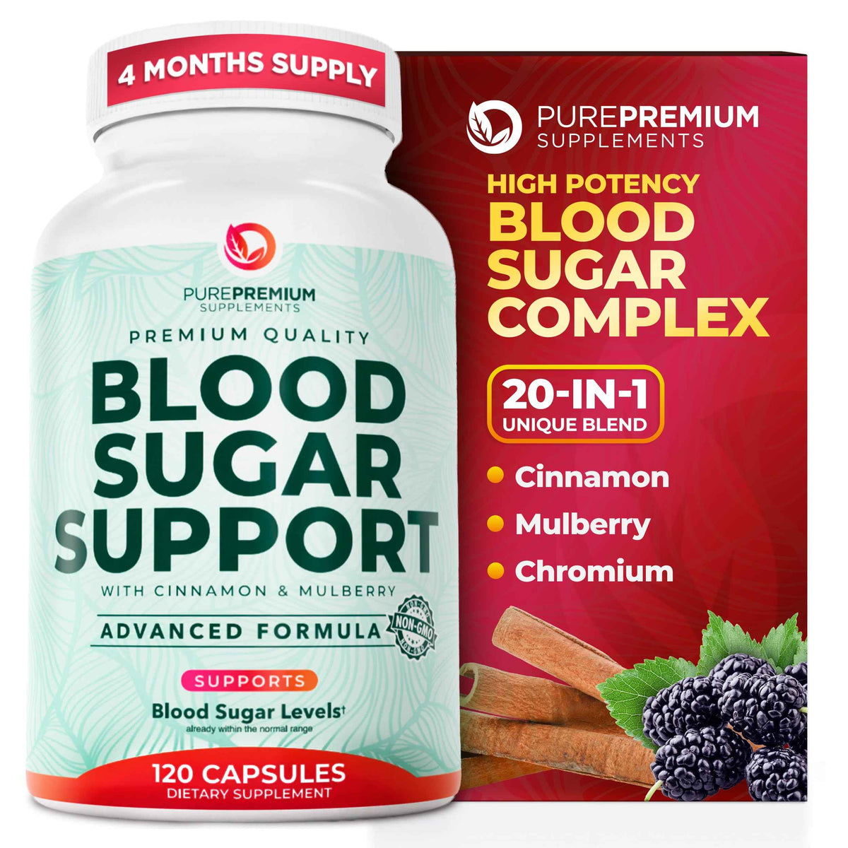 PurePremium Normal Blood Sugar Support Supplement - 20 Active Ingredients Complex to Support Blood Sugar Levels Already in The Normal Range - with Cinnamon