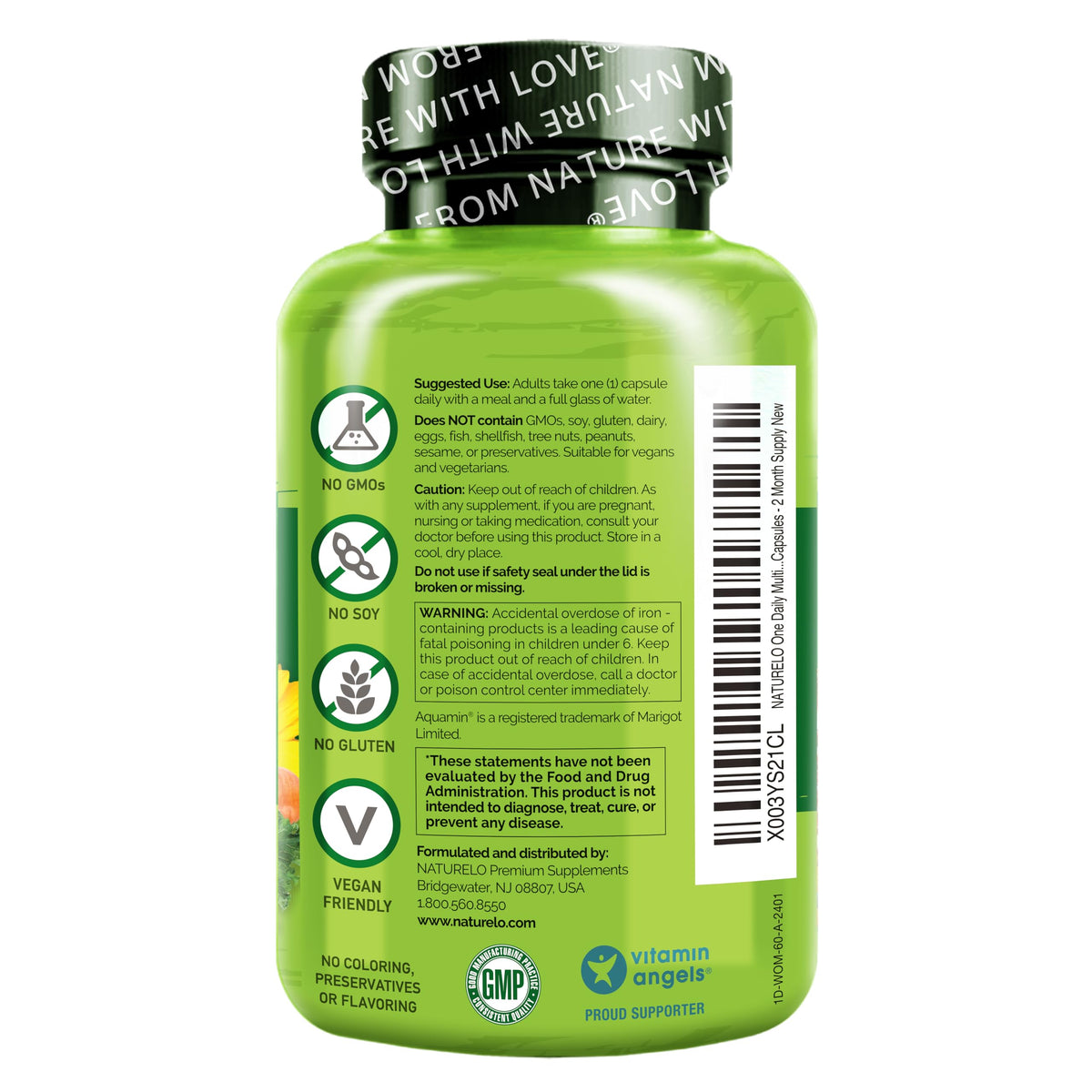 NATURELO One Daily Multivitamin for Women w/Vitamin B12, 60 Ct, Energy Support, Whole Food Daily Women Multivitamin Supplement, Nourish Hair/Skin/Nail, Non-GMO, No Soy, Gluten Free, 2 Month Supply
