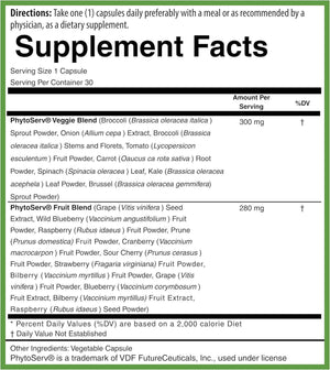 PURE Greens & Reds Capsules - 30 Servings - 9 Daily Servings of Fruits & Vegetables in 1 Capsule - PhytoServ Superfood Blend with Broccoli, Kale & Berries - Plant-Based Phytonutrient Shield