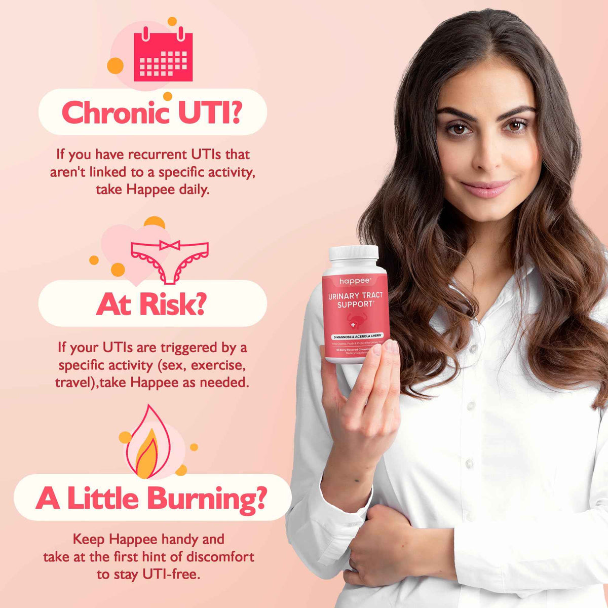 Happee Urinary Tract Health Supplement for Women & Men, Fast-Acting UTI Relief and Prevention, 500mg D-Mannose & Antioxidants, Supports Kidney and Bladder Health, Berry Flavor, 60 Chewables