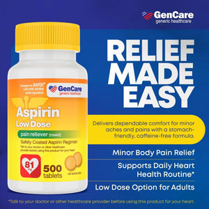GenCare - Low Dose Aspirin 81mg for Adults Coated (NSAID) 500 Tablets | Adult Low Dose | Enteric Coated Aspirin Pills | Muscle Pain & Menstrual Pain Relief | Fever Reducer | Generic Bayer GenCareBuy Supplements Australia