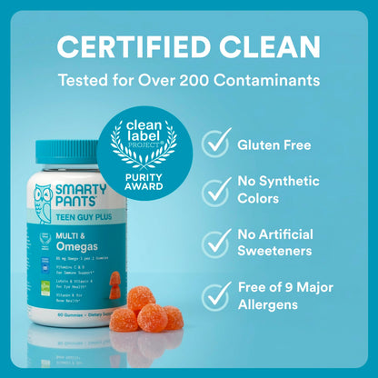 SmartyPants Teen Guy Plus Multi & Omegas Multivitamin Gummies with Omega 3 DHA/EPA, Vitamins D3, C, B12, B6, A, K, Zinc, Folate, Gluten Free, Clean Label, Pineapple Orange, 60 Gummies (30 Day Supply)