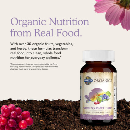 Garden of Life Organics Multivitamin for Women - Women's Once Daily Multi - Whole Food Multi with Iron, Biotin, Vegan Organic Womens Multivitamin for Health, Energy Hair Skin and Nails, 60 Tablets