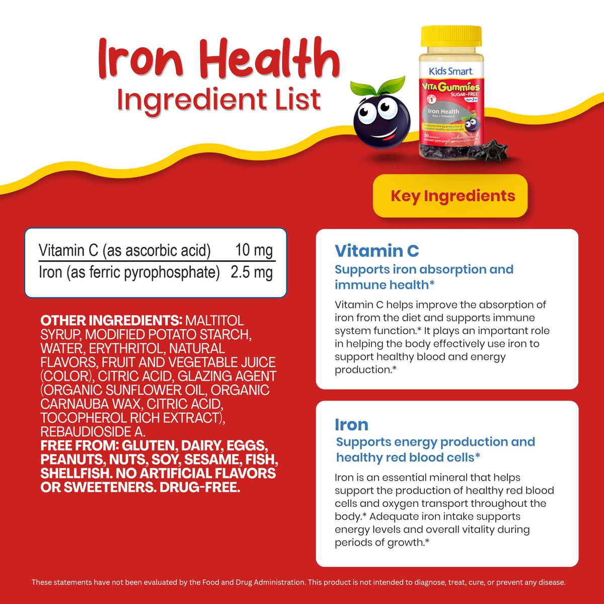Kids Smart Iron Health Gummies for Kids, Iron Supplement with Vitamin C – Sugar Free Gummy Vitamins, Supports Energy & Immune System – Gluten Free, Vegan, Non-GMO | for Children Ages 3+, 30 Count