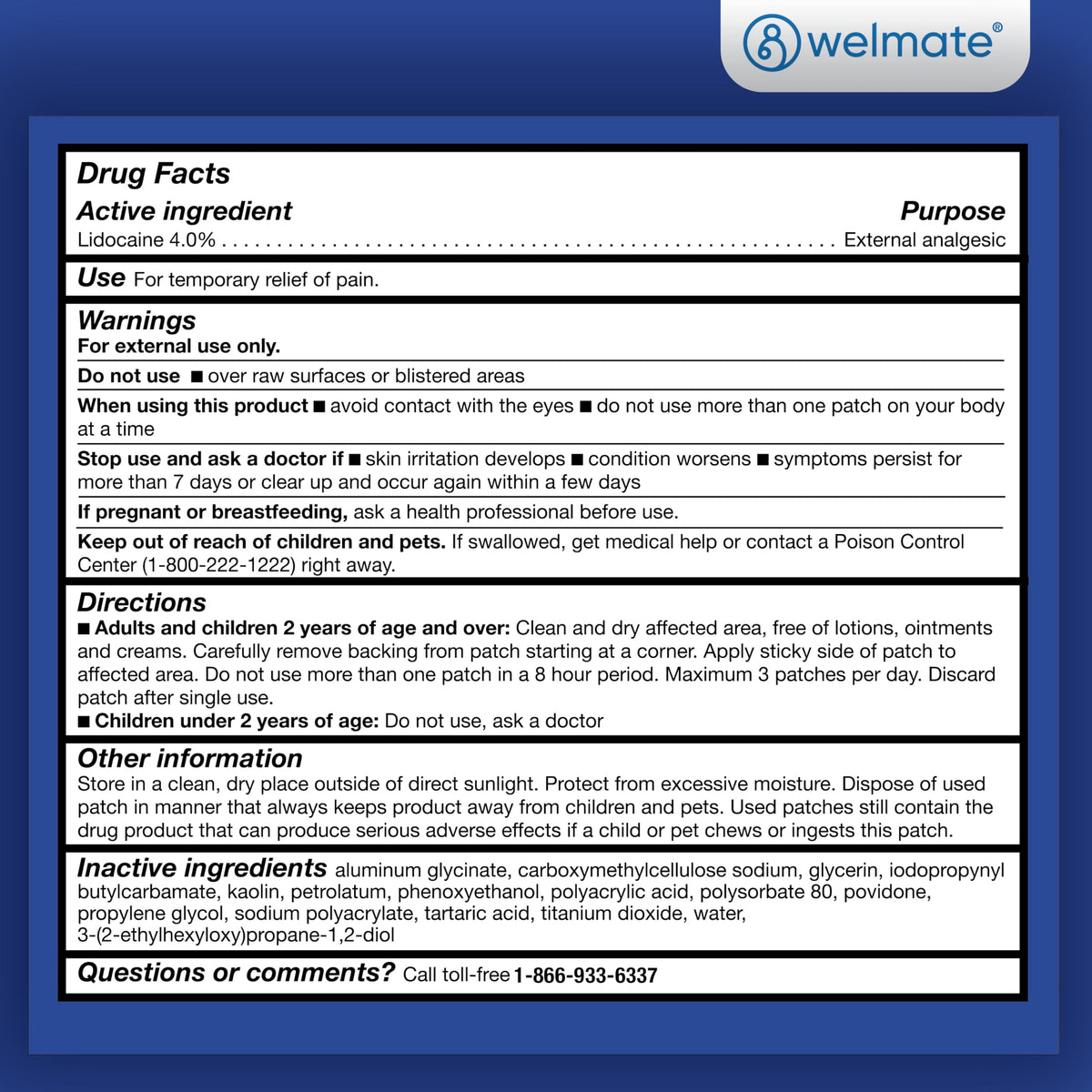 WELMATE 4% Lidocaine Pain Relief Patch Maximum Strength, 30 Count