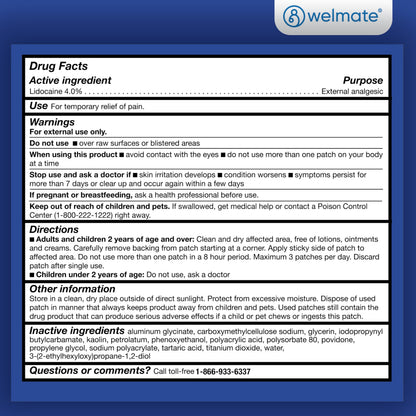 WELMATE 4% Lidocaine Pain Relief Patch Maximum Strength, 30 Count