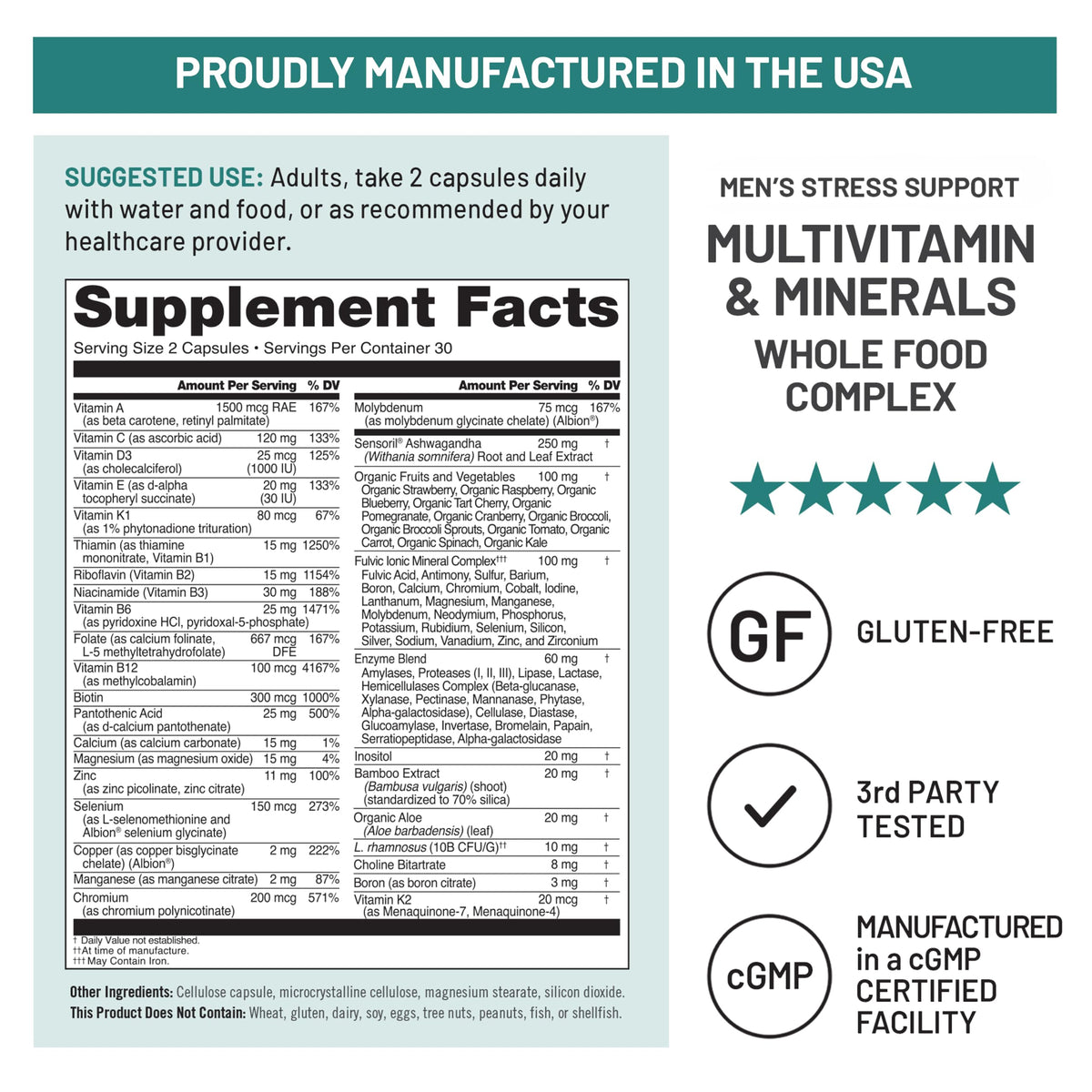 NatureWise Multivitamin for Men + Stress Support + Fulvic Ionic Minerals + Probiotics for Immunity, Male Health, Digestion + Whole Organic Foods - Vegetarian, Non-GMO - 60 Capsules[1-Month Supply]