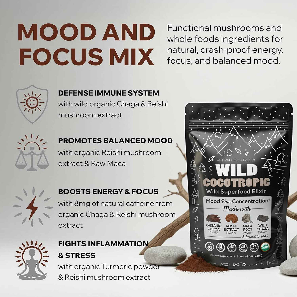 Cocotropic Organic Mushroom Cacao Mix (16oz) & Collagen Peptides (16oz) Bundle for Skin, Hair, and Joint Support