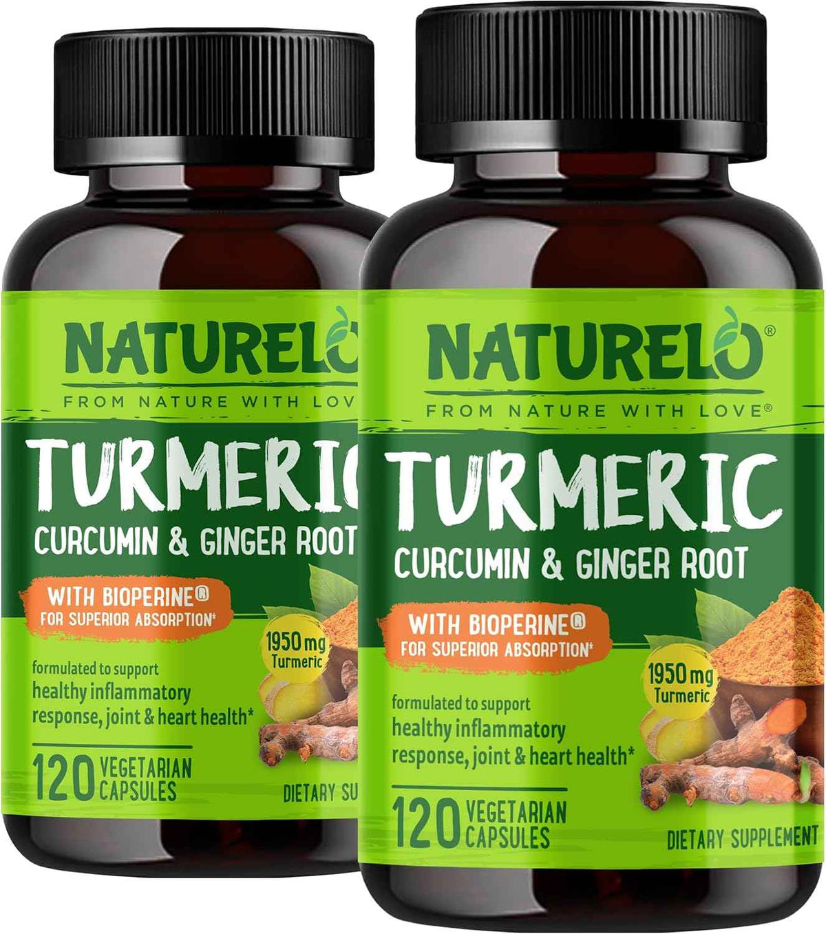 NATURELO Turmeric Curcumin - BioPerine for Better Absorption - Black Pepper, Ginger Root, Curcuminoids - Plant-Based Joint Discomfort Support - 120 Vegan Capsules (Pack of 2)
