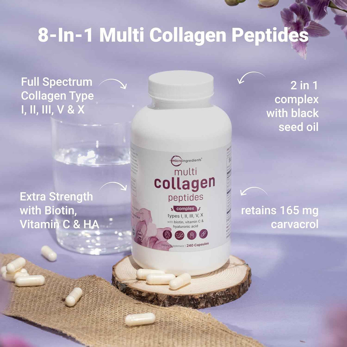 Micro Ingredients 8-in-1 Multi Collagen Pills & Mega Probiotics 200 Billion CFU Veggie Capsules - 2 Pack Bundle - Hydrolyzed Peptides + Hyaluronic Acid & Vitamin C - 40 Strains + Inulin & Bromelain