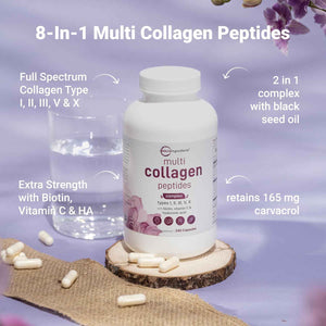 Micro Ingredients 8-in-1 Multi Collagen Pills & Mega Probiotics 200 Billion CFU Veggie Capsules - 2 Pack Bundle - Hydrolyzed Peptides + Hyaluronic Acid & Vitamin C - 40 Strains + Inulin & Bromelain