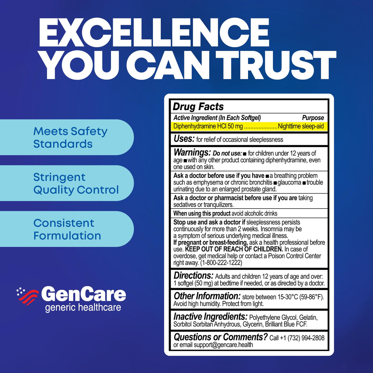 GenCare Nighttime Sleep Aid Diphenhydramine HCl 50mg, 96 Softgels
