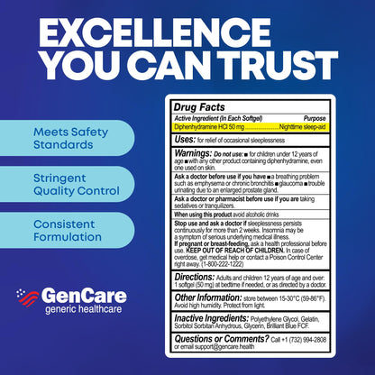 GenCare Nighttime Sleep Aid Diphenhydramine HCl 50mg, 96 Softgels