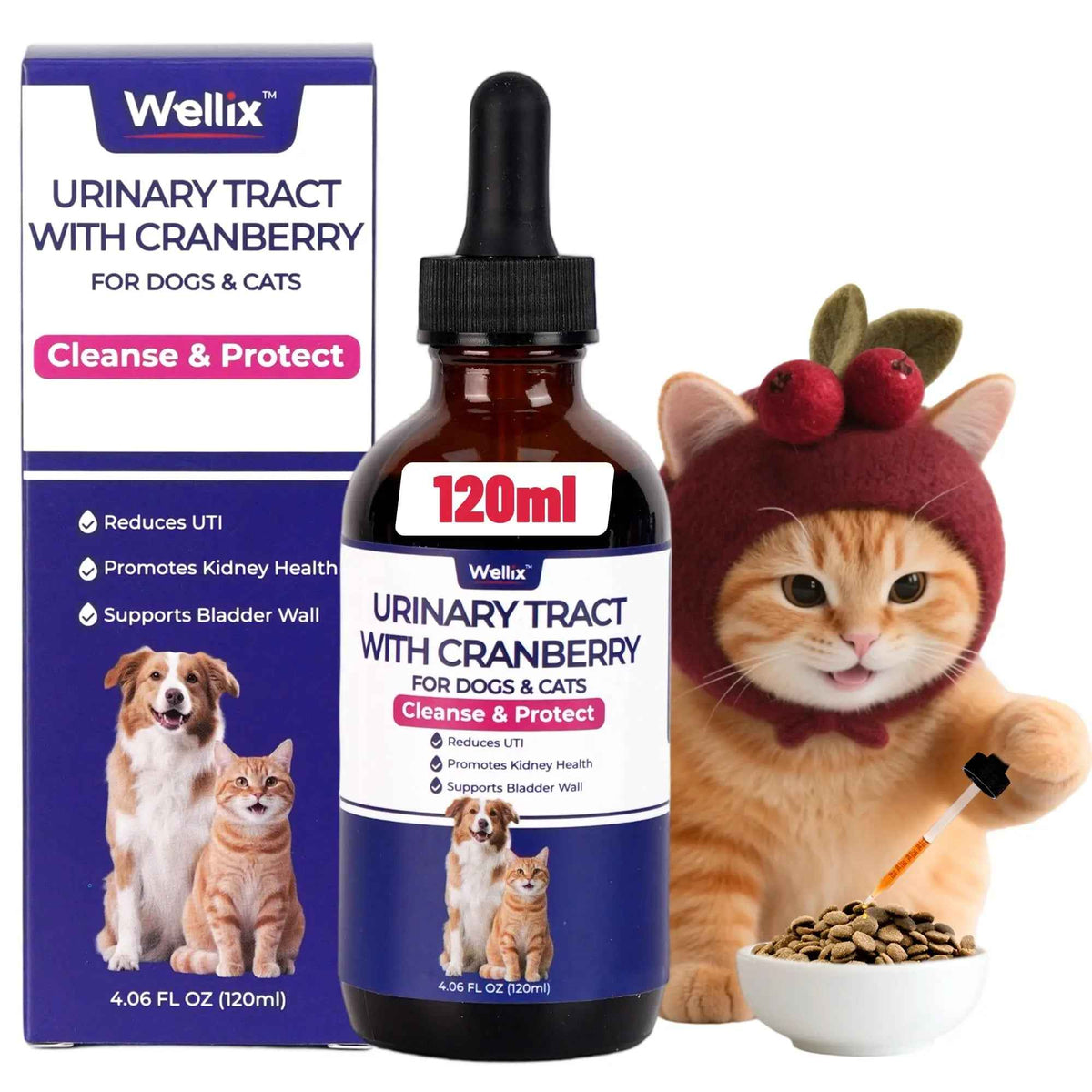 4oz Wellix Natural Cat & Dog UTI Treatment Drops,Cat & Dog Urinary Tract Infection Treatment - Cranberry & D-Mannose for Dogs & Cats - Kidney Health Supplement