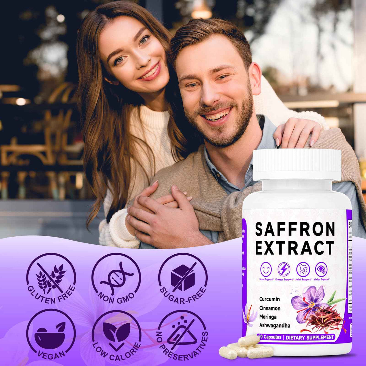 Happy Saffron Supplements, 100mg Saffron Extract, Saffron Blend with Turmeric & Ashwagandha, Supports Mood, Focus, and Energy Boost, 90 Capsules MossllyBuy Supplements Australia
