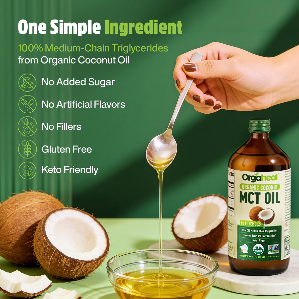 Orgaheal Organic MCT Oil from Pure Coconut with C8 & C10 | Glass Bottle | 16.9 fl oz (500 ml) | Rapid Keto | Brain & Body Fuel | USDA Organic Certified | Vegan, No Fillers