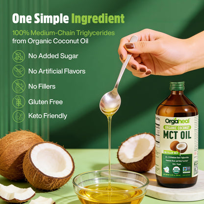 Orgaheal Organic MCT Oil from Pure Coconut with C8 & C10 | Glass Bottle | 16.9 fl oz (500 ml) | Rapid Keto | Brain & Body Fuel | USDA Organic Certified | Vegan, No Fillers