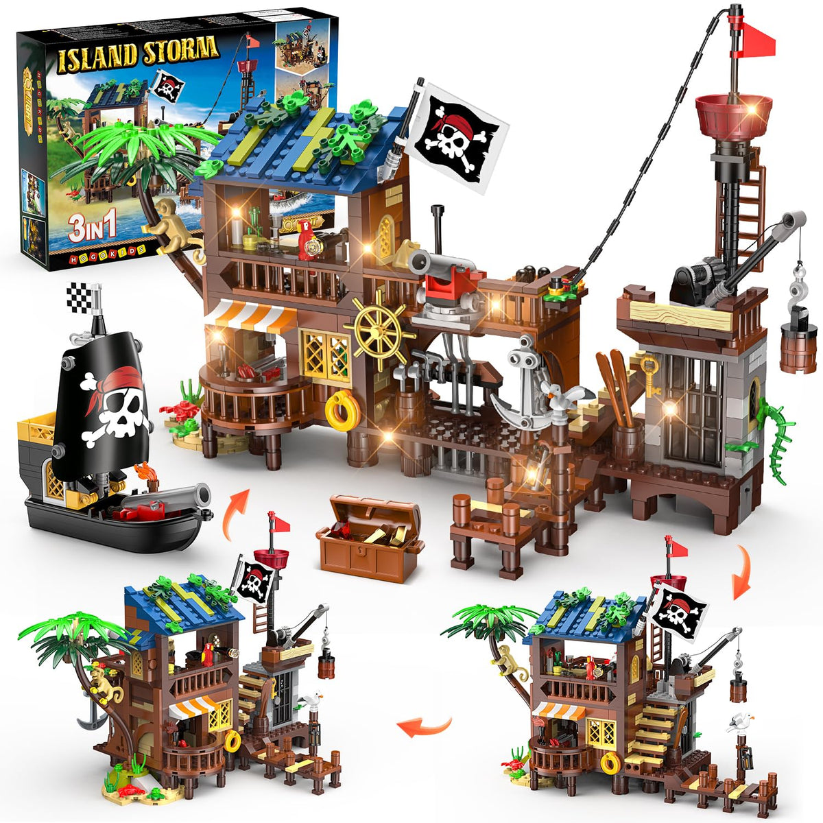 HOGOKIDS 3-in-1 Pirate House STEM Building Set with LED Light for Boy 6-12+