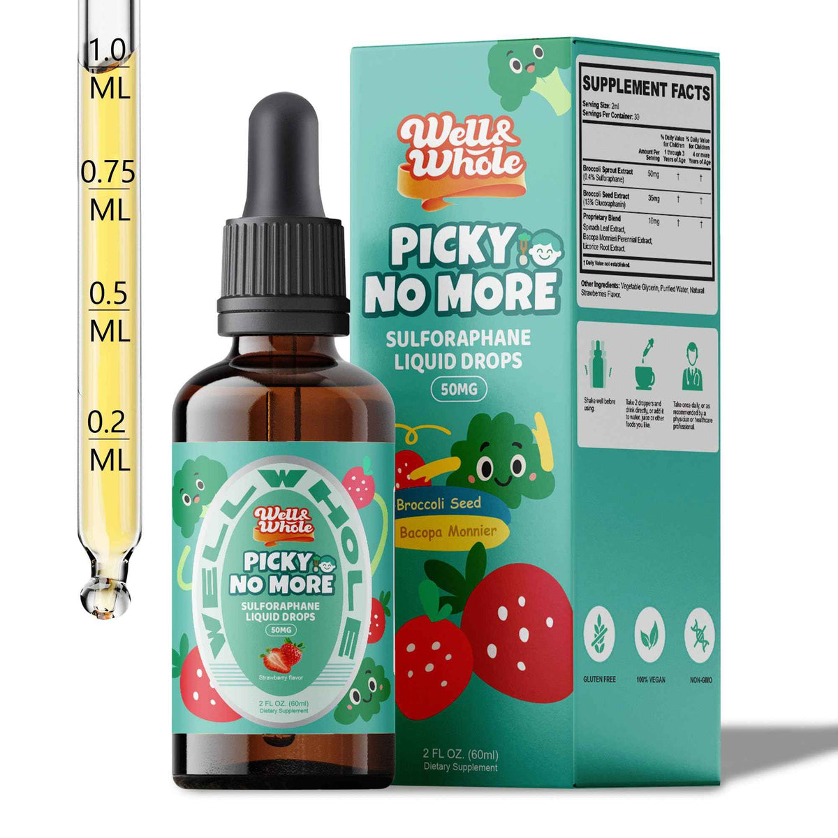 Well&Whole Sulforaphane Kids Liquid Supplement - Pick No More Broccoli Sprout Extract Drops, Hidden Greens for Picky Eaters, Daily Nutrition Support, Sugar-Free, Vegan, 60mL