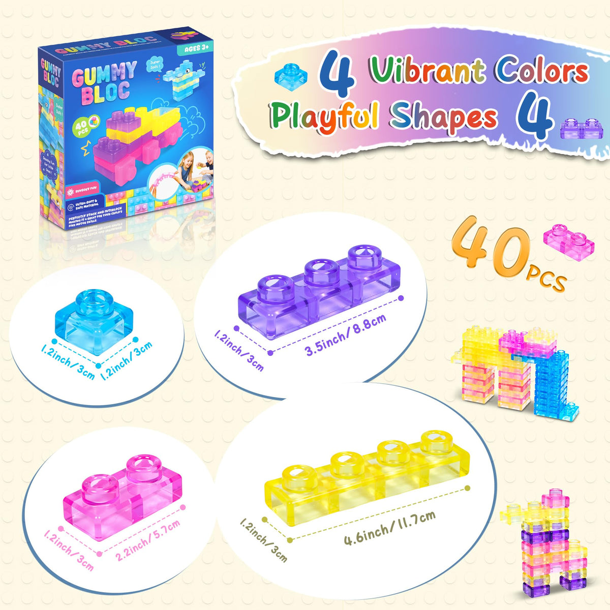 40 PCS Sensory Soft Building Blocks for Toddlers Kids, Squishy Stacking Toy