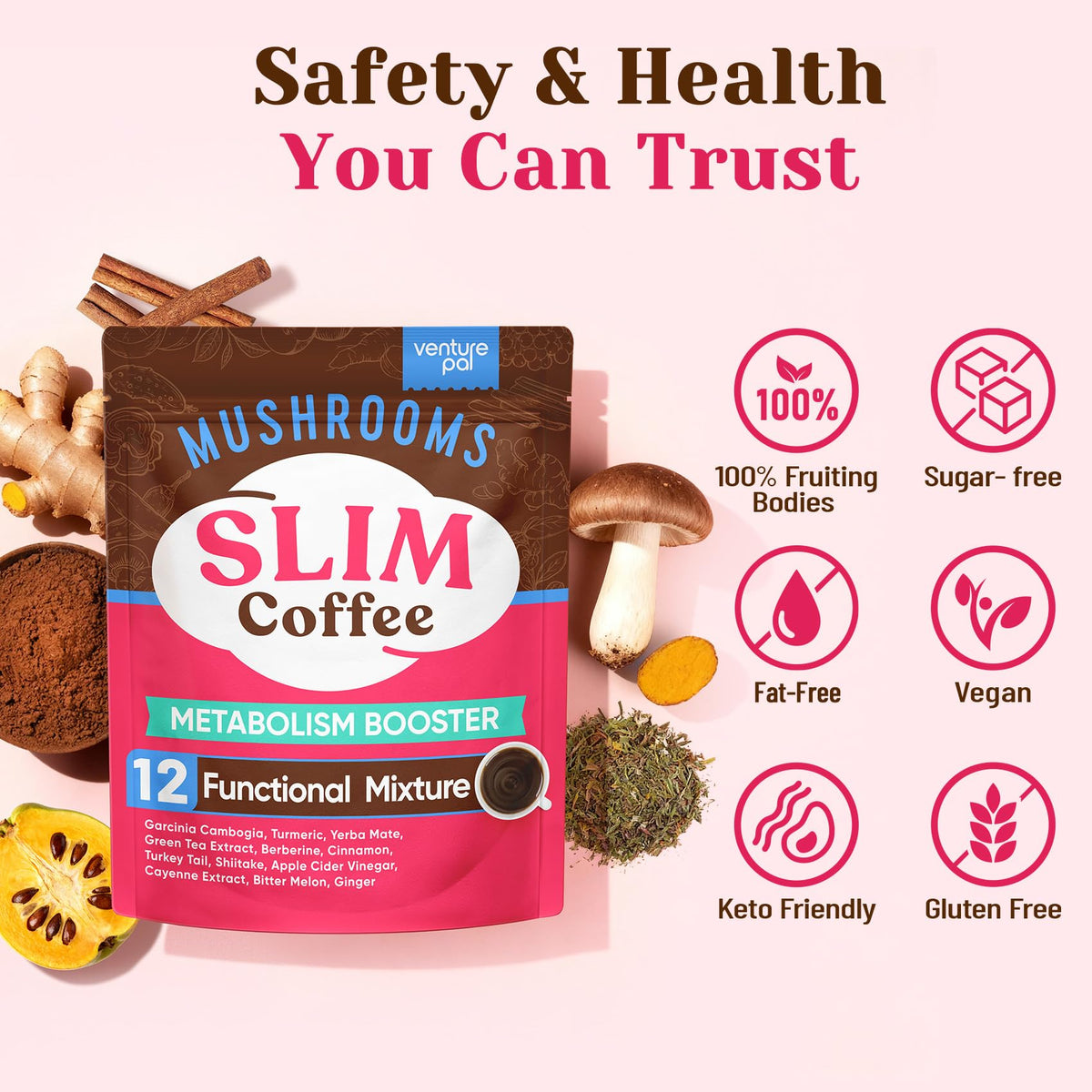 Venture Pal Mushroom Coffee, 12 Mushrooms, Focus & Digestion, 40 Servings - 12 Adaptogenic Mushrooms with Lion's Mane, Cordyceps, Reishi, Turkey Tail, Ashwagandha & Probiotics, Low Caffeine & Calories
