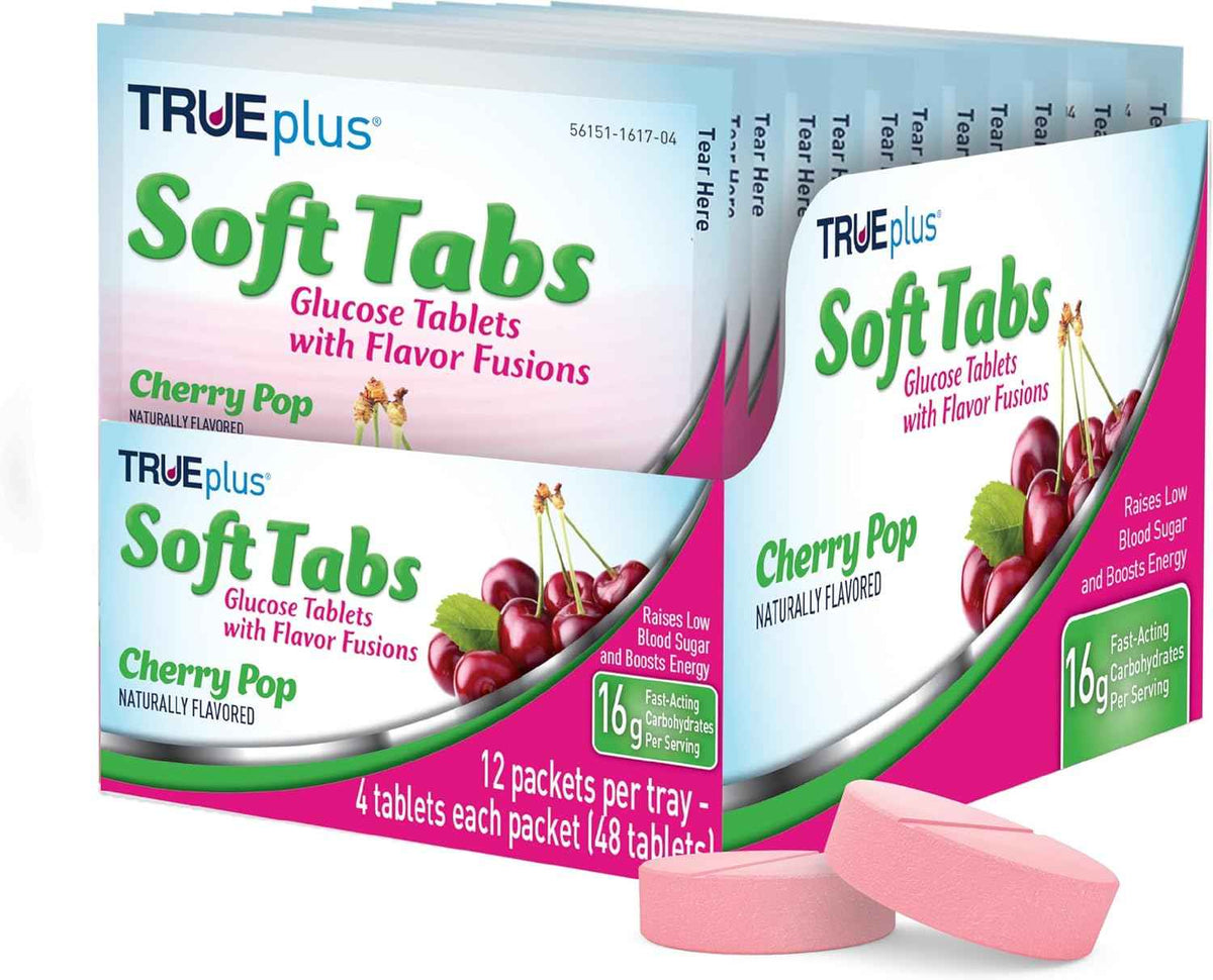 TRUEplus Soft Tabs Glucose Tablets, Cherry Pop Flavor, 4 Count, 12 Packs - Chewable Tablets, 16g Fast-Acting Carbohydrates, Fat Free, Gluten Free, Boosts Energy, Great Tasting and Easy to Use