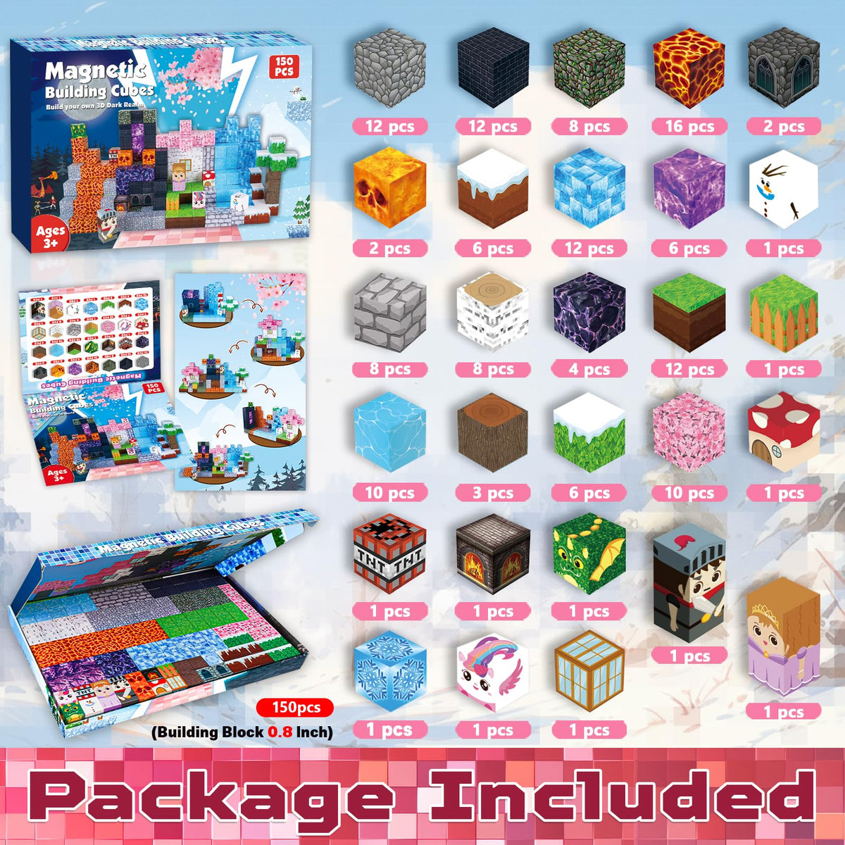 ToyUnited Magnetic Blocks-150PCS Magnetic Building Blocks Magnet Cubes Stacking Dark Forest Glacier Castle, STEM Montessori Sensory Toys for Kids Boys Girls Ages 4-8 Holiday Birthday