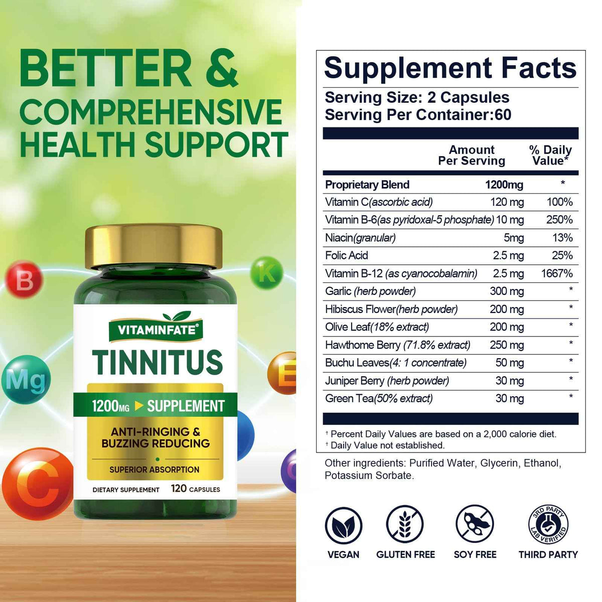 Tinnitus Relief for Ringing Ears 1200mg - 120 Capsules Advanced Ear Health Support Supplement - Supports Ear Health and Reduces Tinnitus Symptoms - Non-GMO & Vegan