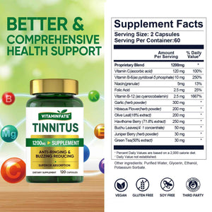 Tinnitus Relief for Ringing Ears 1200mg - 120 Capsules Advanced Ear Health Support Supplement - Supports Ear Health and Reduces Tinnitus Symptoms - Non-GMO & Vegan