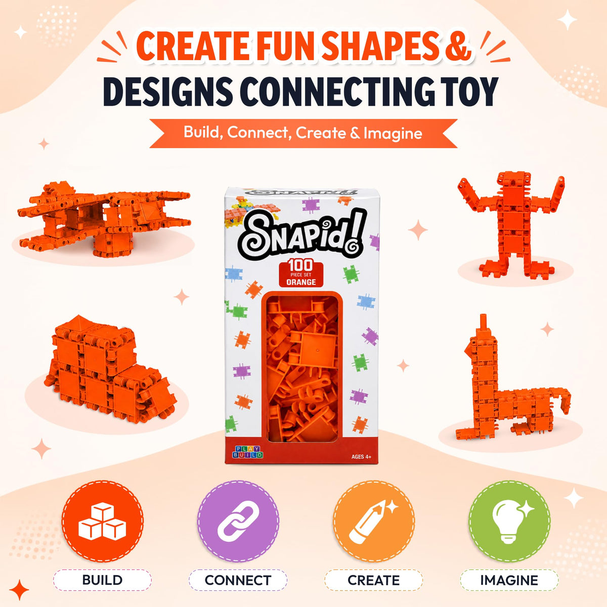 Play Build 100 Piece Orange Snap Connecting Building Toy Set for Kids