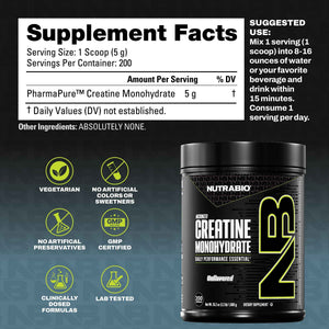 NutraBio Pure Micronized Creatine Monohydrate Powder Supplement, Unflavored, (1000 g) - Supports Bulk Muscle Energy, Recovery, and Strength - HPLC Tested Creatine Powder