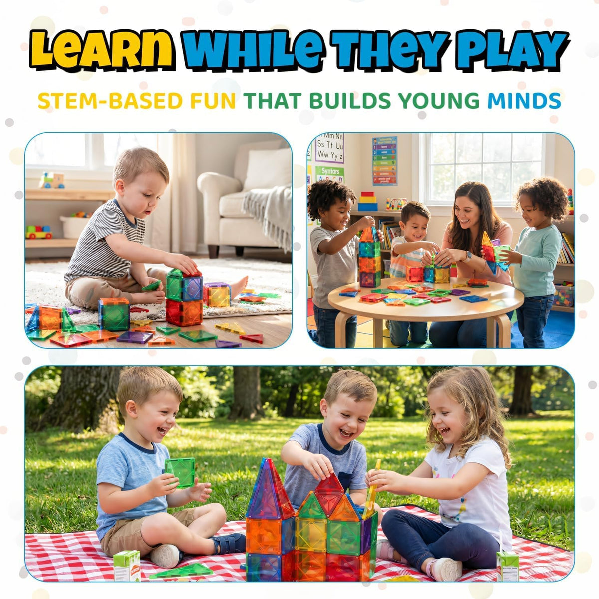 IMAGINATION Magnetic Building Tiles Set, 55 Pieces – Colorful Magnetic Blocks for Kids, STEM Learning Toy Set for 3+ Year Old Boys & Girls